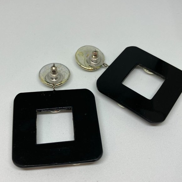 Vintage 80s 90 Black Acrylic and Silver Studded Square Statement Earrings - Picture 5 of 5